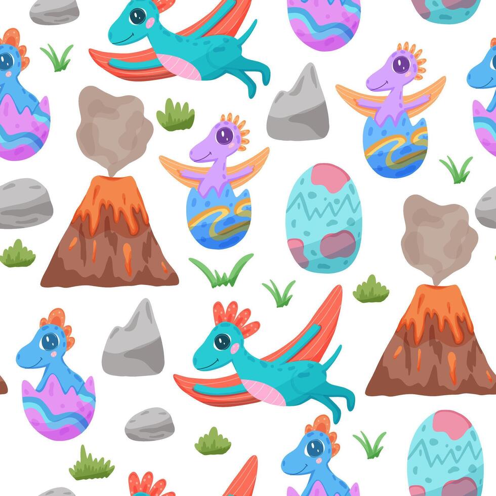 Seamless pattern with dino and volcano vector