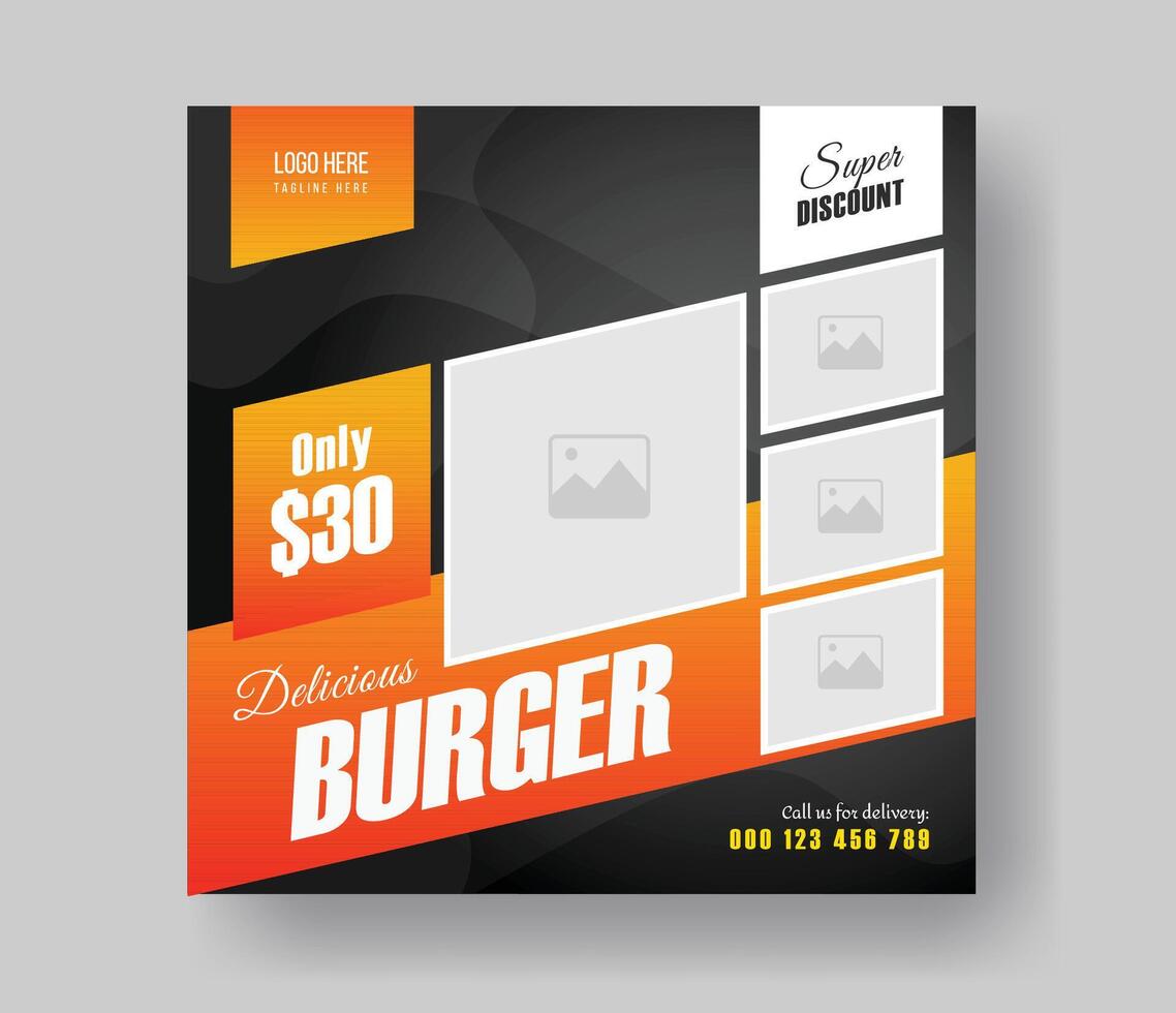 Burger social media square size banner design for your fast food restaurant menu business promotion, delicious burger food menu post layout design with gradient shapes. vector