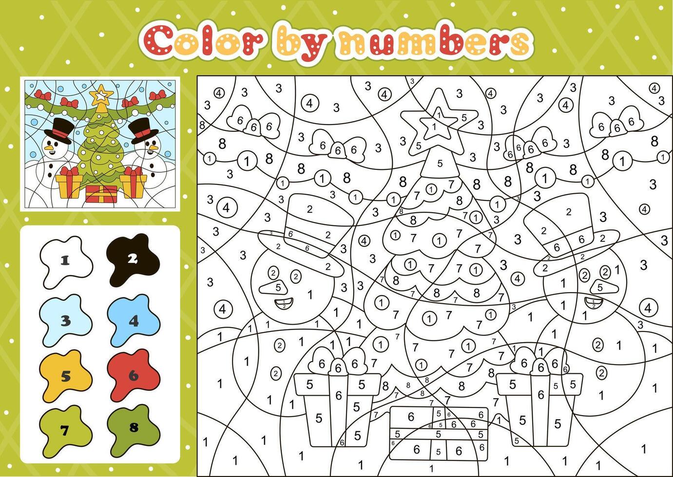 Winter themed coloring page by number for kids with cute snowman characters and christmas tree vector