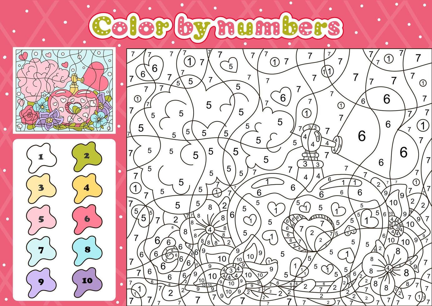 Perfume of love themed coloring page by number for kids with cute flowers, spring in the air vector