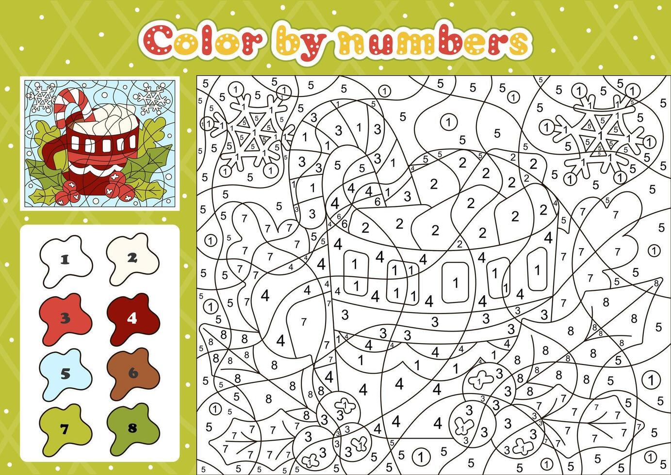 Food and drinks themed coloring page by number for kids with cute christmas cacao vector