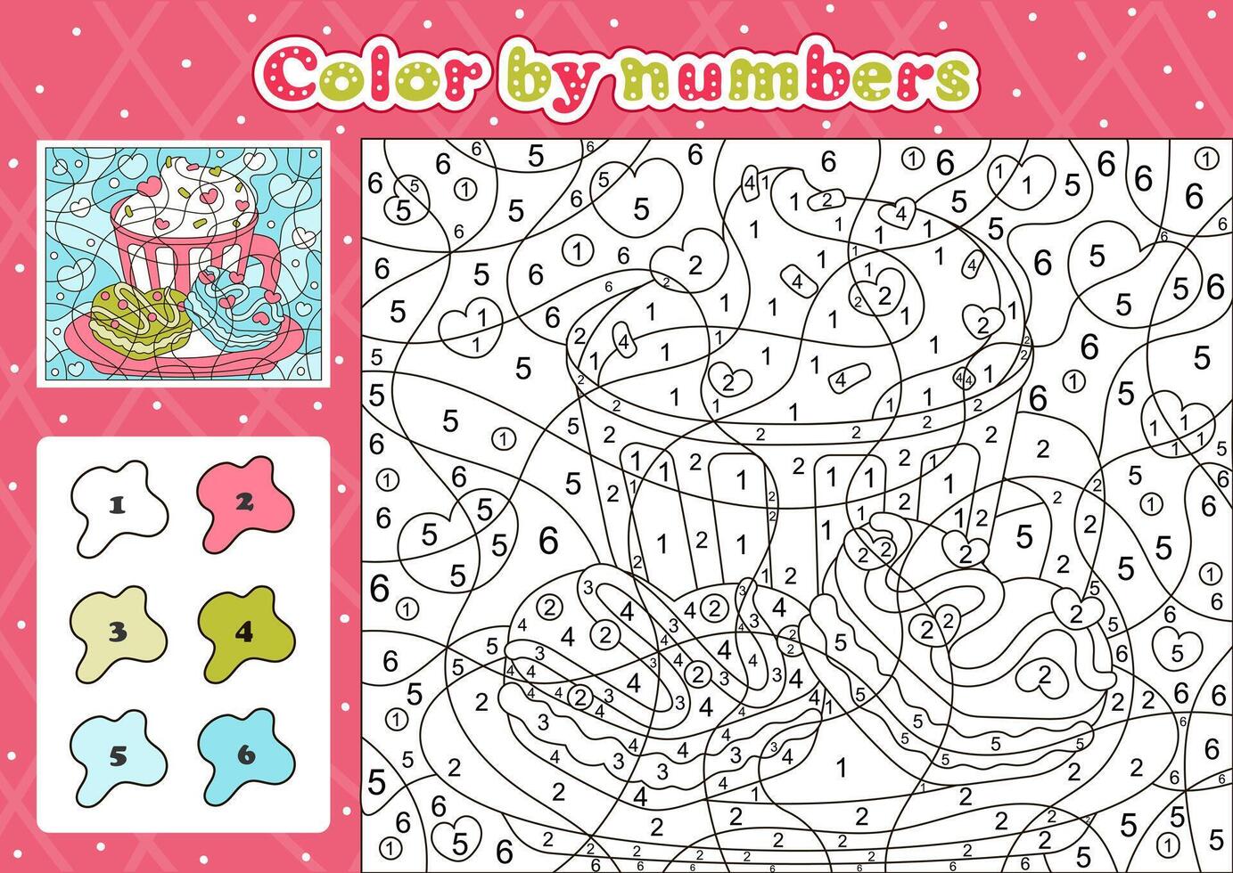 Food and drinks themed coloring page by number for kids with cute mug with latte and macarons vector
