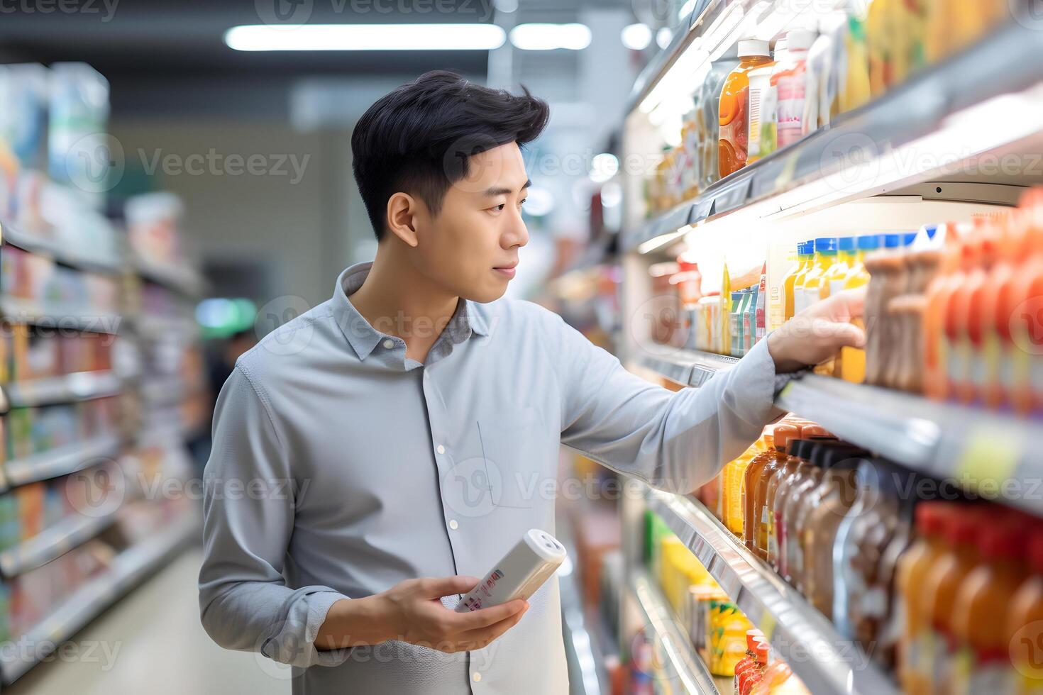 AI generated young adult Asian man choosing a product in a grocery store. Neural network generated photorealistic image photo