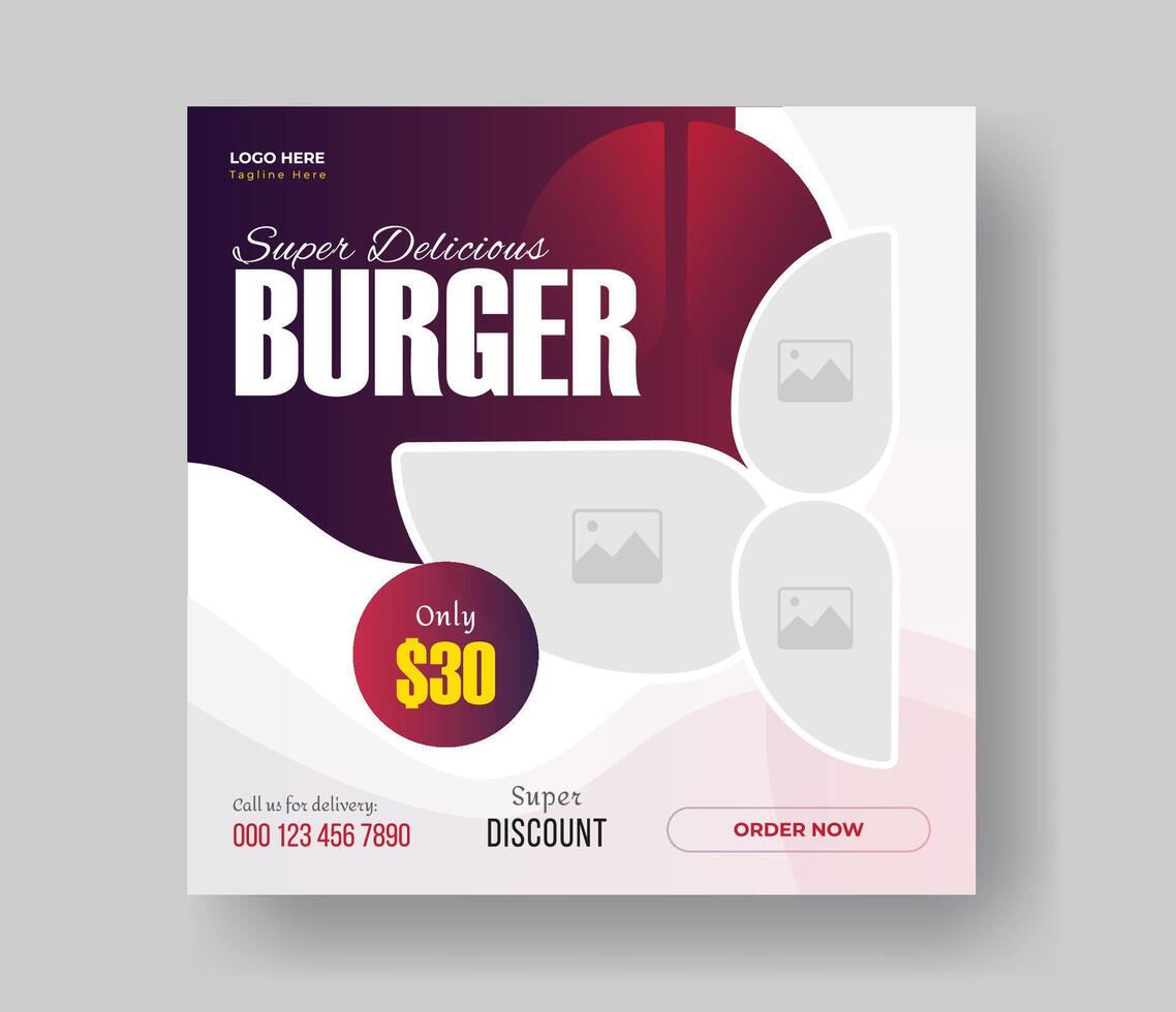 Burger social media square size banner design for your fast food restaurant menu business promotion, delicious burger food menu post layout design with gradient shapes. vector