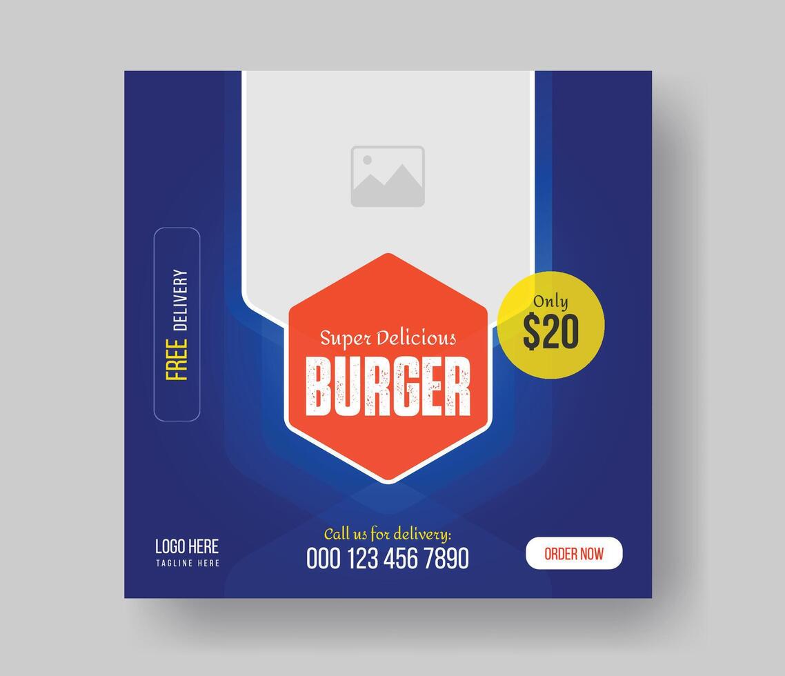 Burger social media square size banner design for your fast food restaurant menu business promotion, delicious burger food menu post layout design with gradient shapes. vector