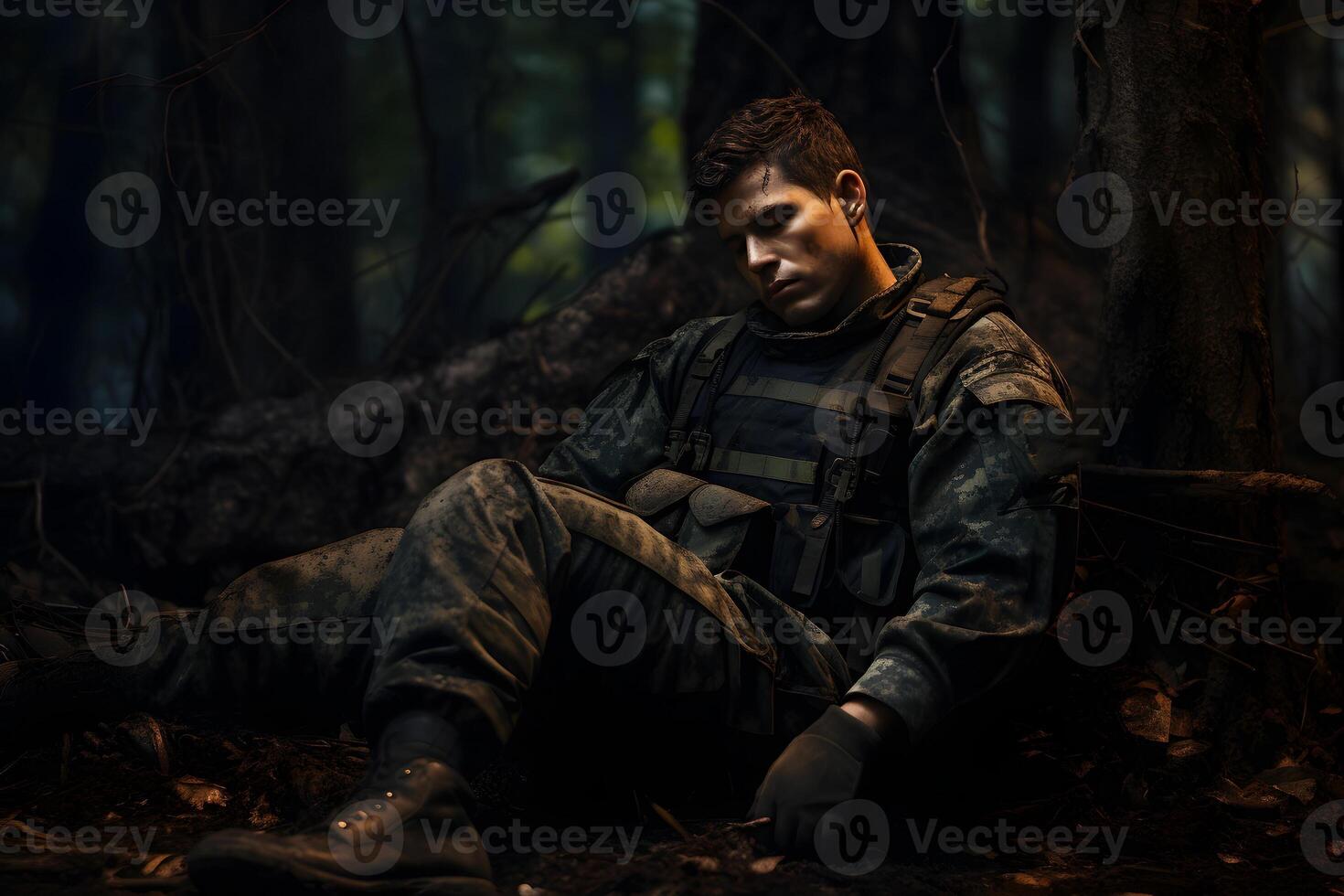 AI generated dirty tired soldier sleeps sitting on deep forest floor at summer night, neural network generated image photo