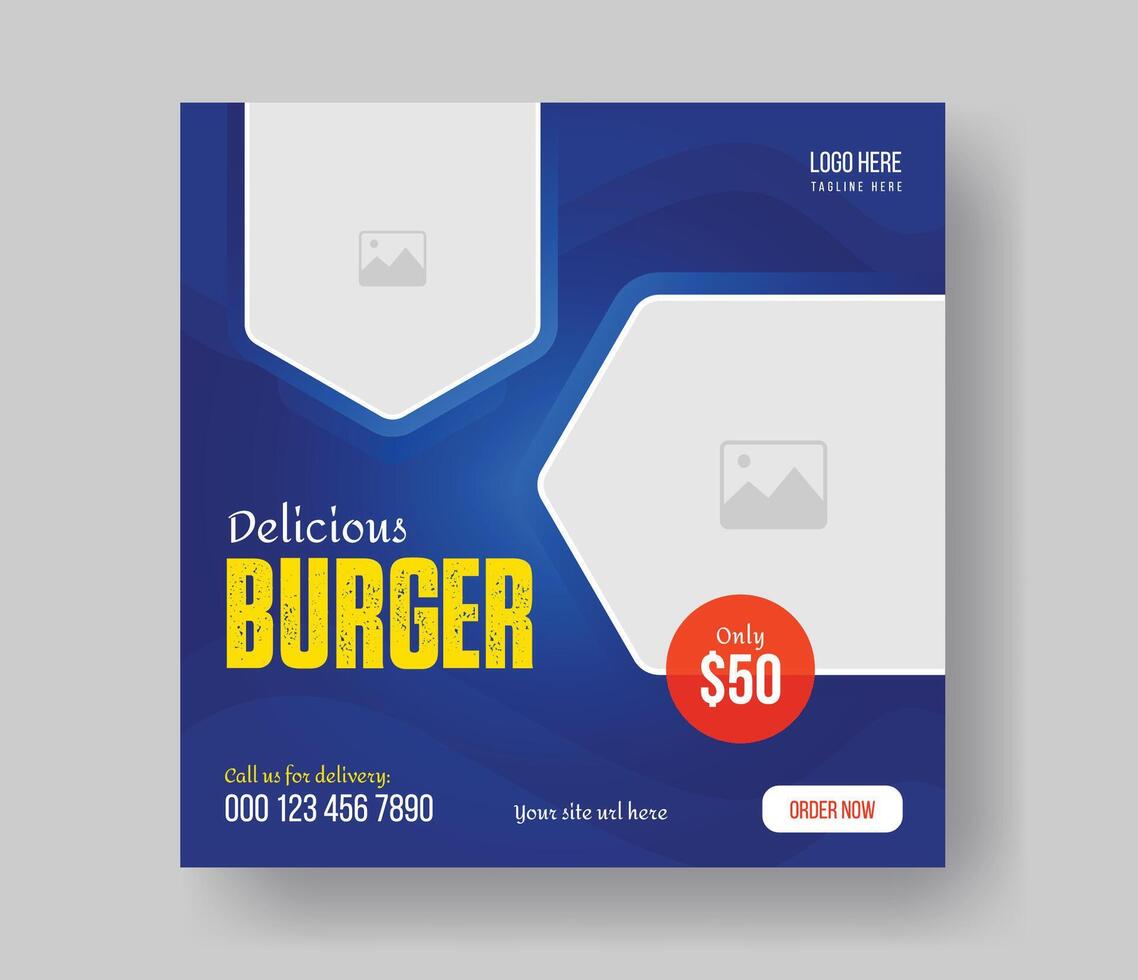 Burger social media square size banner design for your fast food restaurant menu business promotion, delicious burger food menu post layout design with gradient shapes. vector