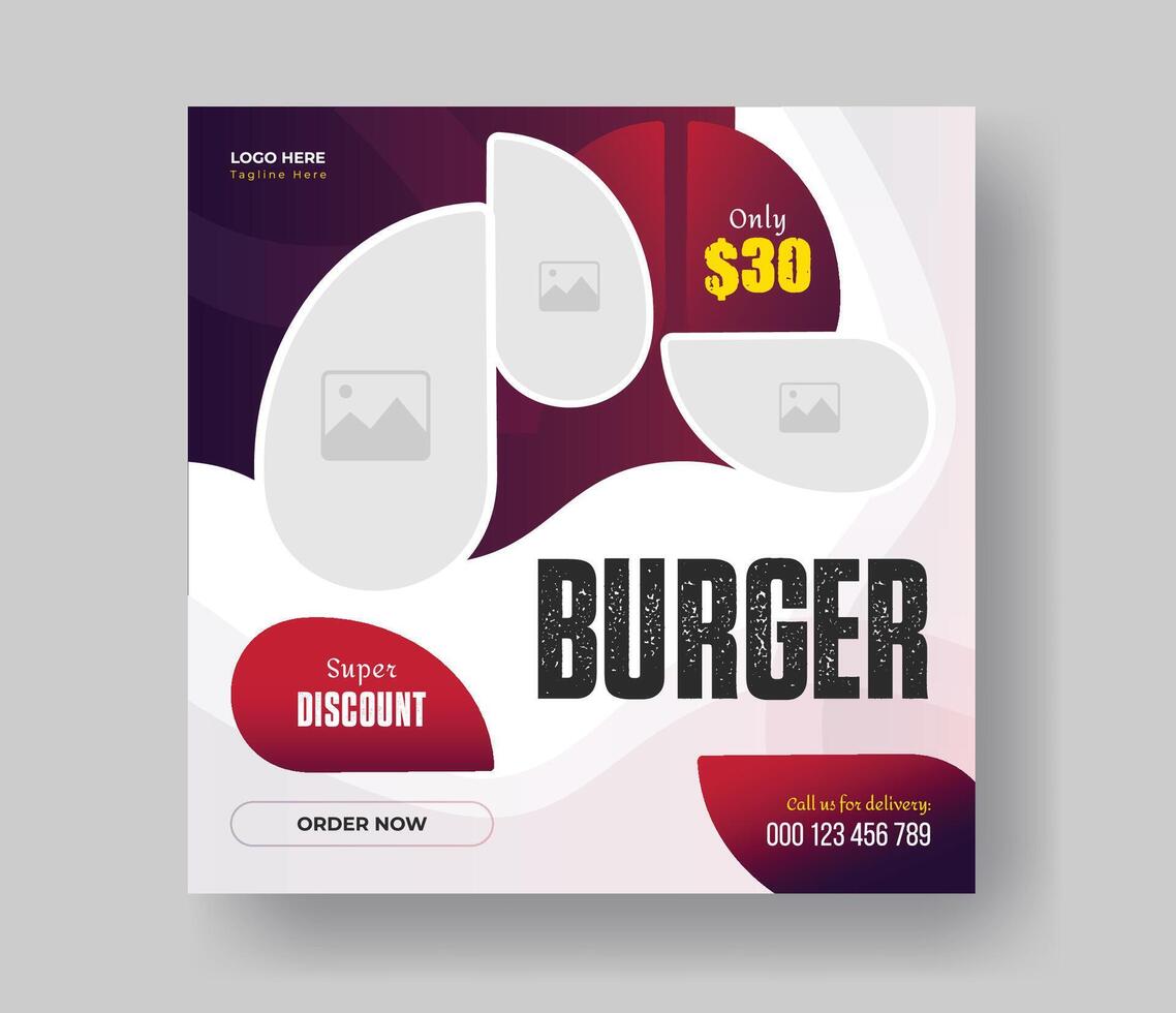 Burger social media square size banner design for your fast food restaurant menu business promotion, delicious burger food menu post layout design with gradient shapes. vector