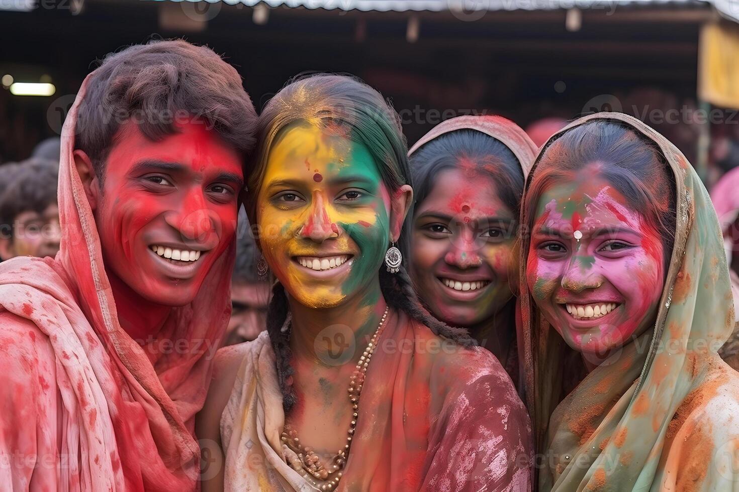 ai generado sonriente gente, de colores contento caras con vibrante colores durante el celebracion de el holi festival en India. neural red generado imagen foto