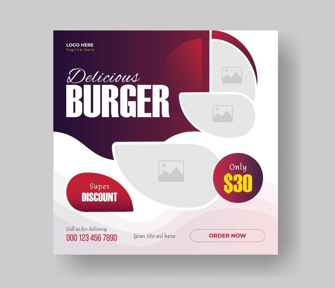 Burger social media square size banner design for your fast food restaurant menu business promotion, delicious burger food menu post layout design with gradient shapes. vector