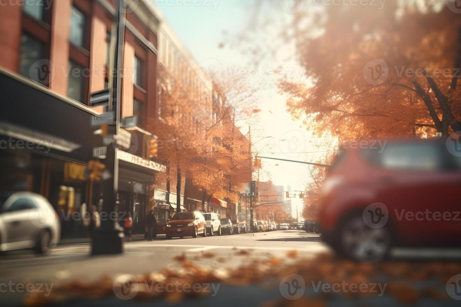 AI generated American downtown street view at autumn morning , neural network generated image photo