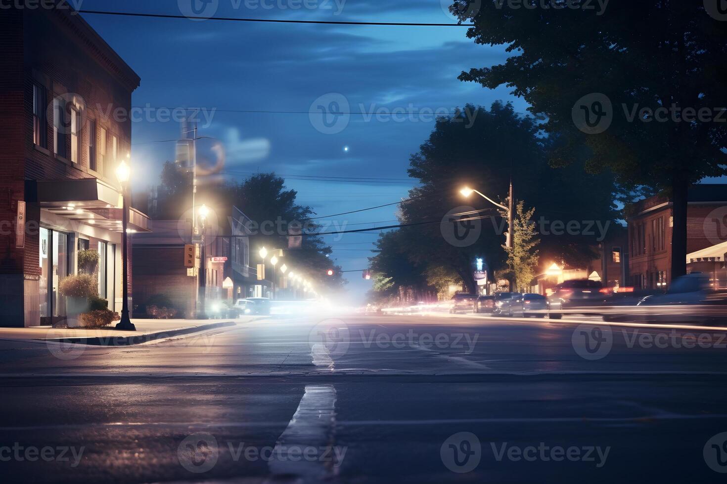 AI generated American downtown street view at summer night, neural network generated image photo