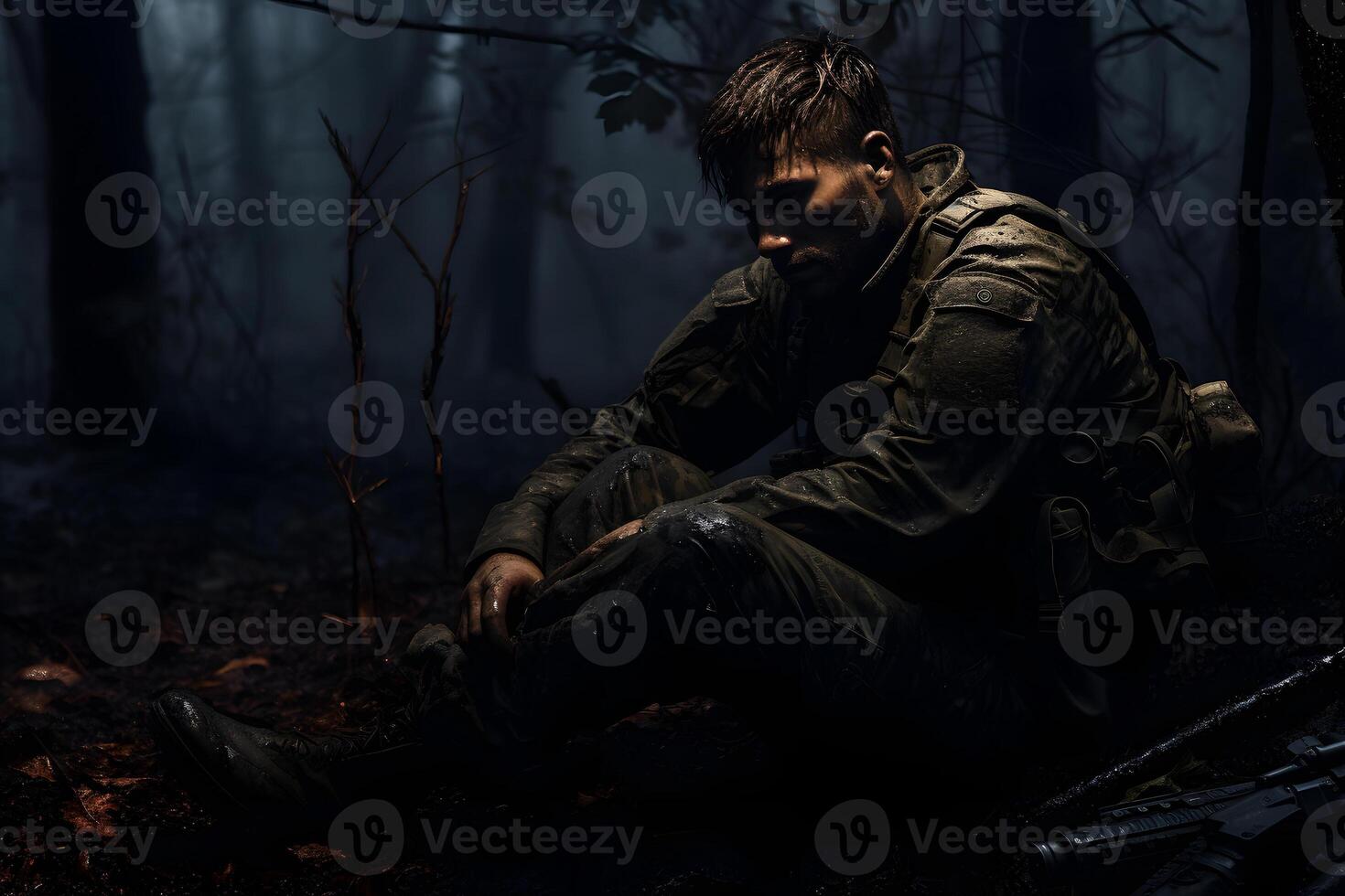 AI generated dirty tired soldier sleeps sitting on deep forest floor at autumn night, neural network generated image photo