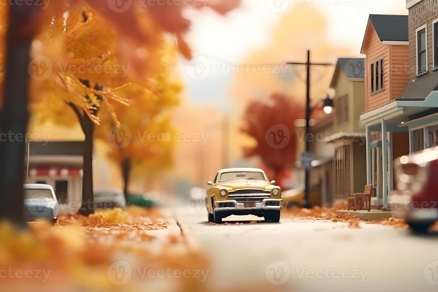 AI generated toy American downtown street view at sunny autumn morning , neural network generated image photo