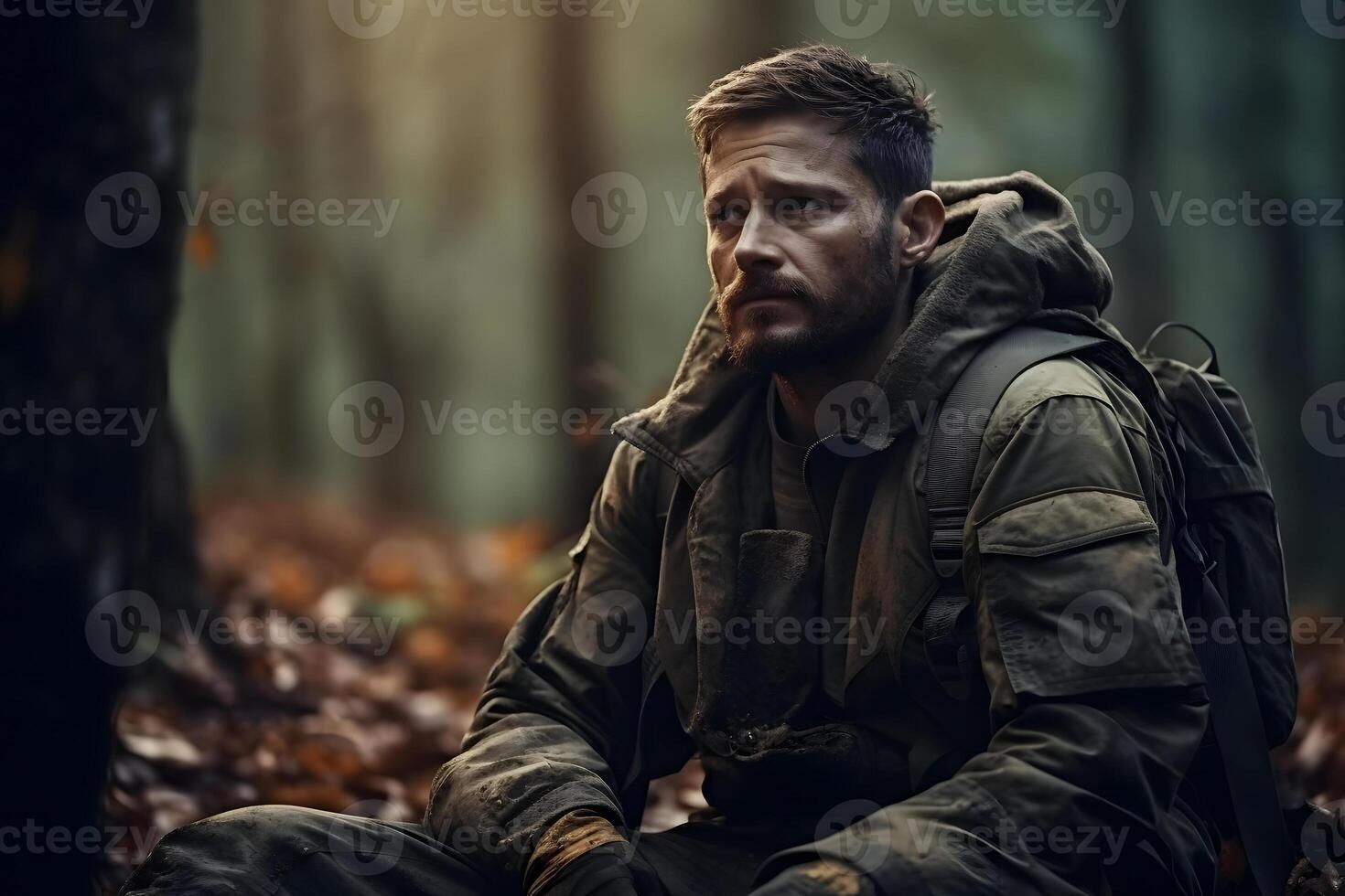 AI generated dirty tired soldier sitting in deep forest at autumn evening, neural network generated image photo