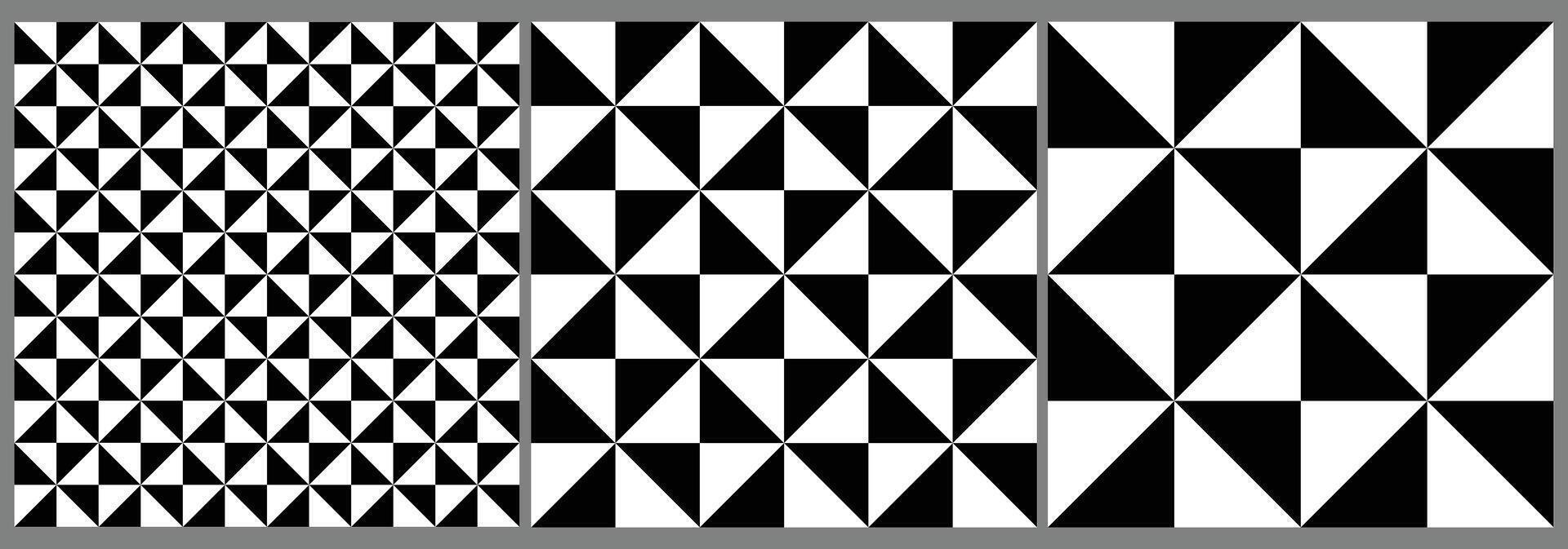 Triangle checkerboard seamless pattern vector set. Different size triangle pattern texture background.