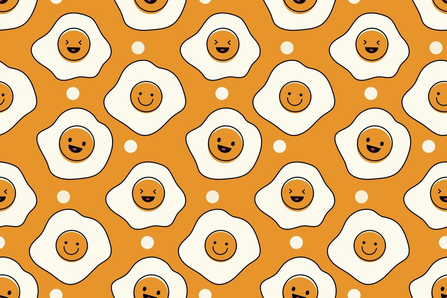 Fried Eggs with emoticon seamless pattern vector. Funny vector on orange background. Texture printable for kid cloth, table cloth, wrapping paper, wallpaper, fabric and textile, wrapping.