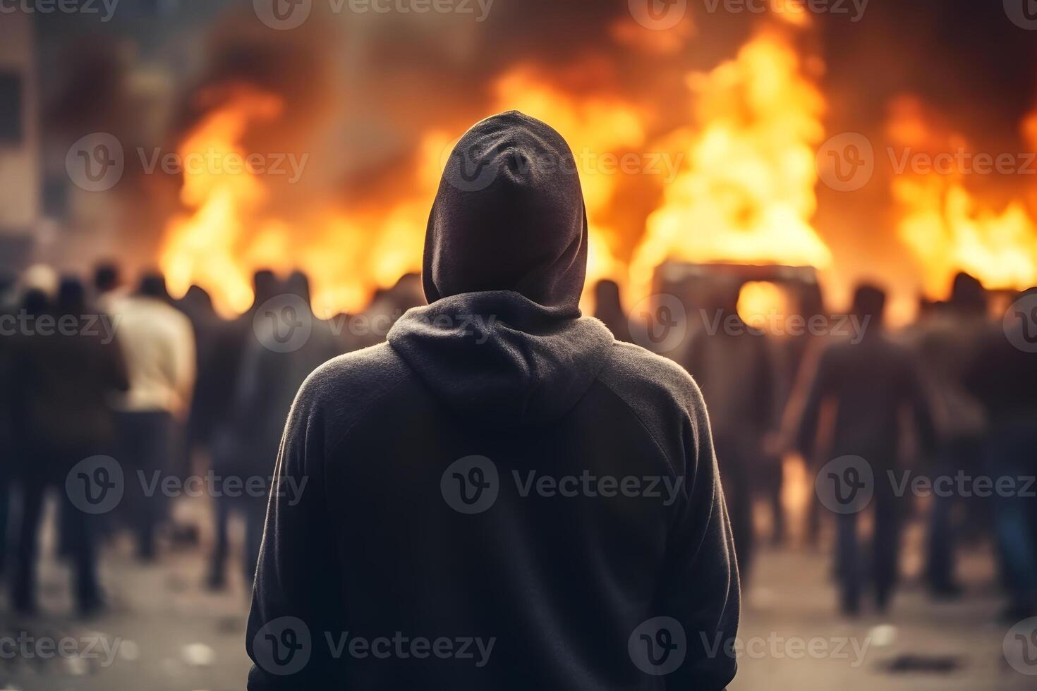 AI generated street riot in city with protestors and burning cars, neural network generated photorealistic image photo