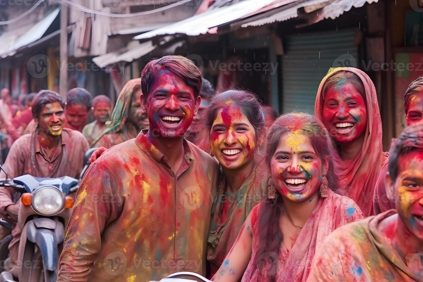 ai generado sonriente gente, de colores contento caras con vibrante colores durante el celebracion de el holi festival en India. neural red generado imagen foto