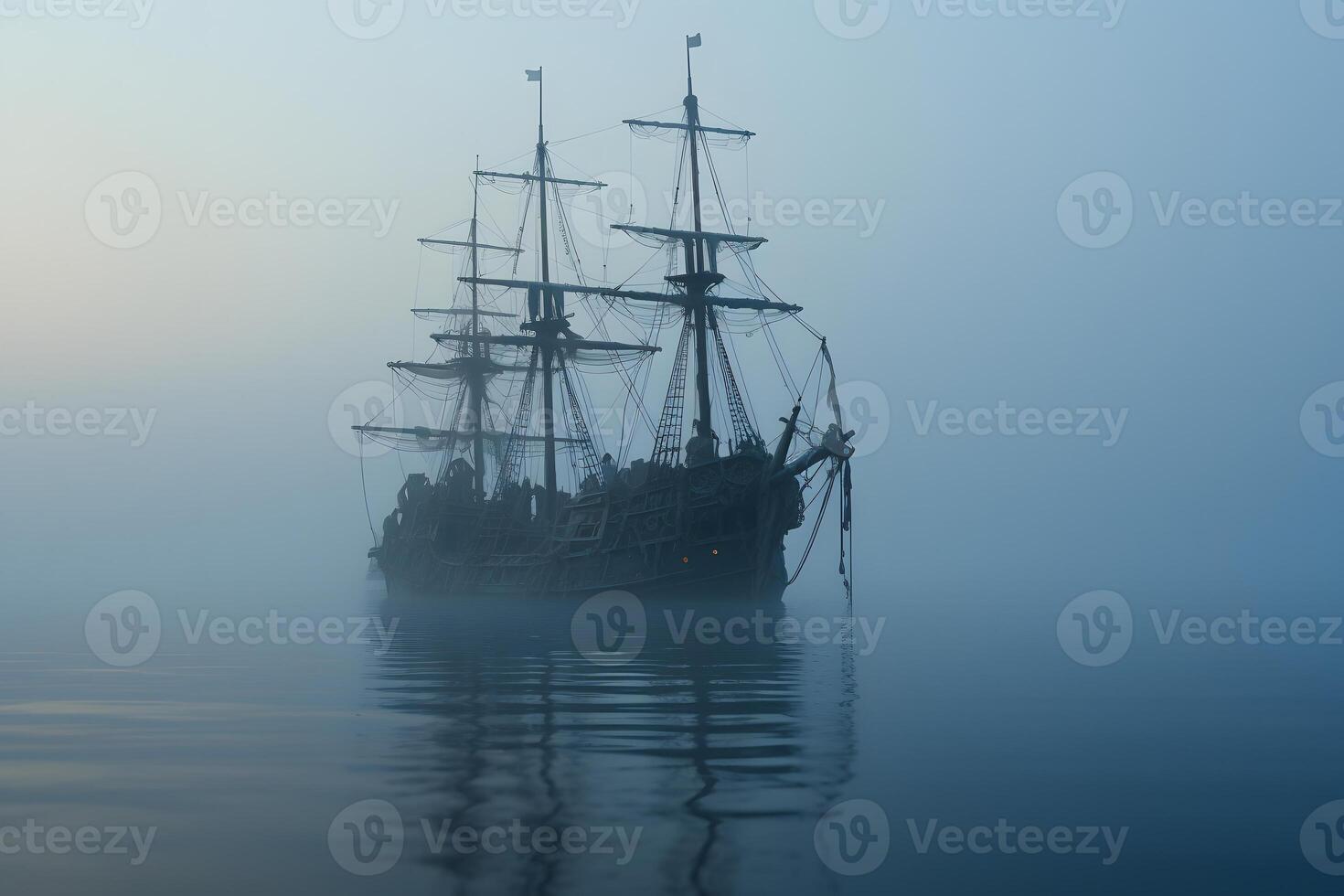 AI generated spectral ghost ship at foggy morning or evening. Neural network generated image photo