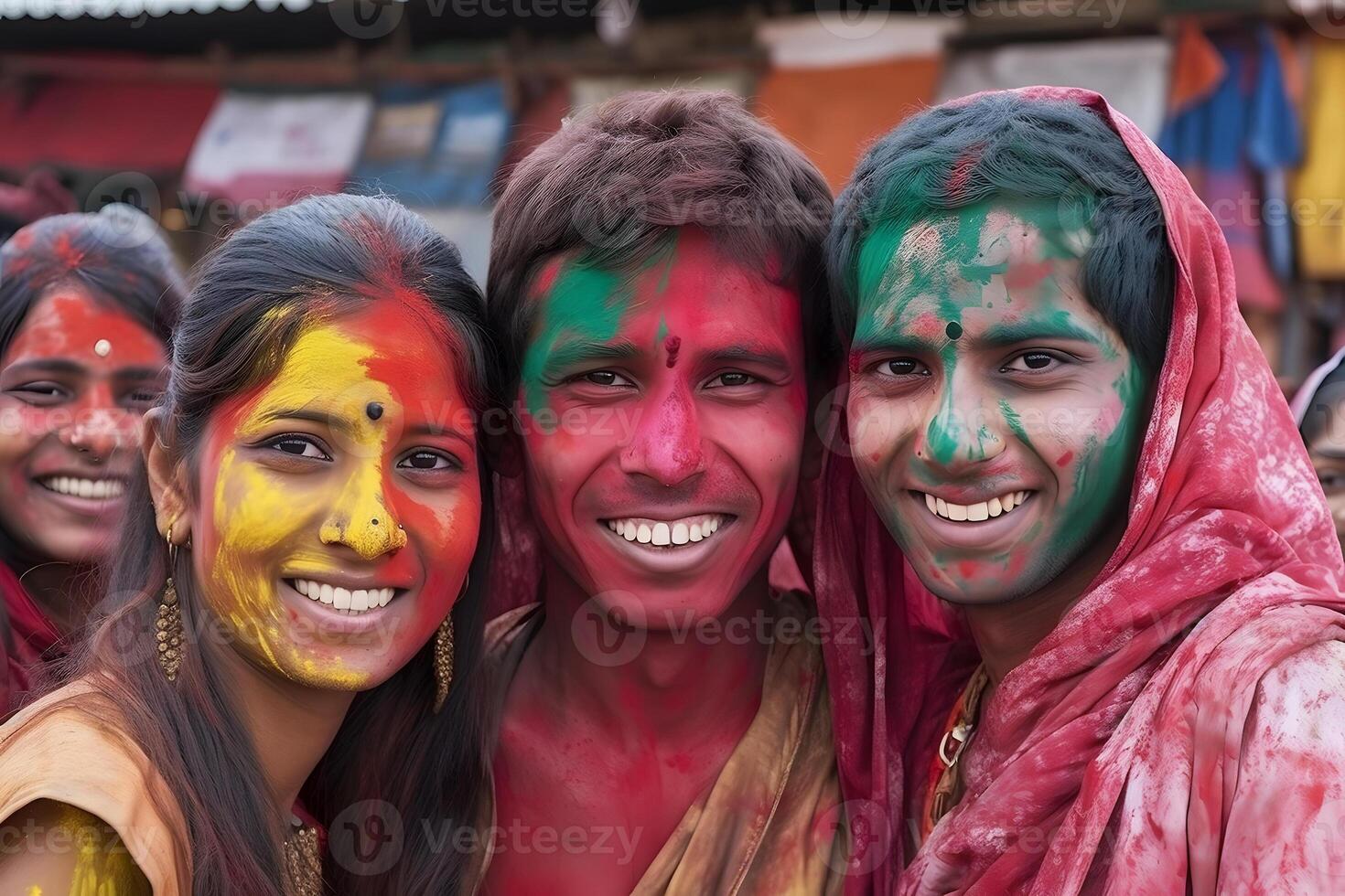 ai generado sonriente gente, de colores contento caras con vibrante colores durante el celebracion de el holi festival en India. neural red generado imagen foto