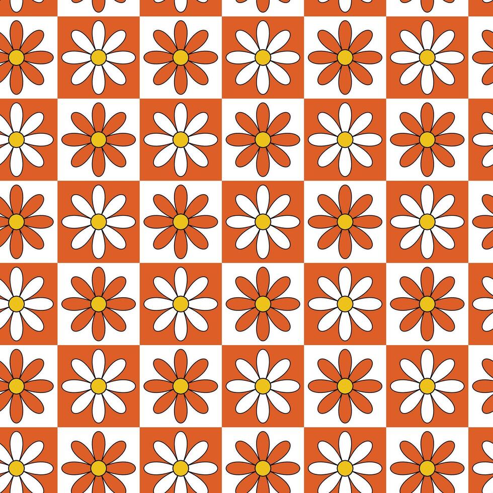 Checkered Floral pattern in the style of the 70s with groovy daisy vector