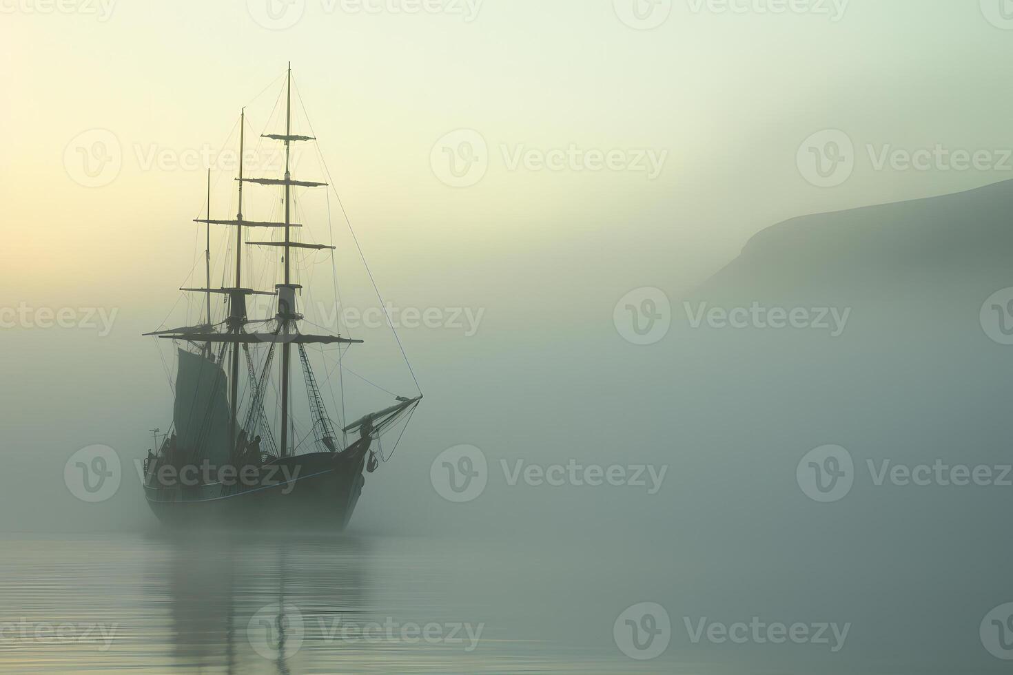 AI generated spectral ghost ship at foggy morning or evening. Neural network generated image photo