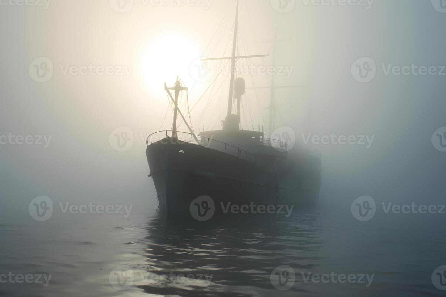 AI generated spectral ghost ship at foggy morning or evening. Neural network generated image photo