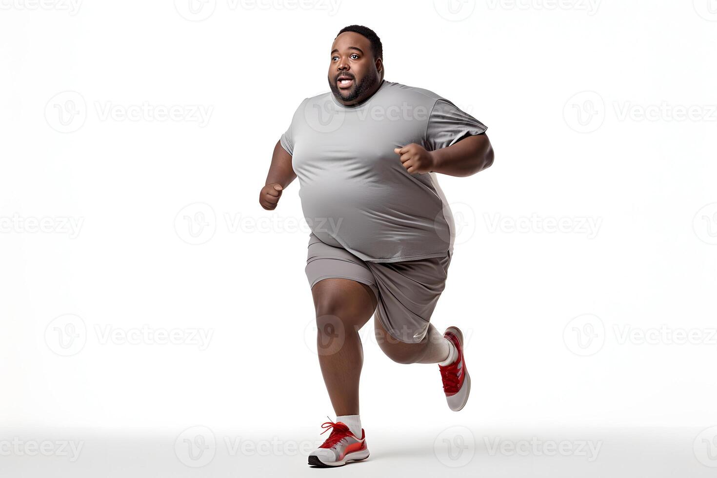 AI generated Overweight African American man running on white background, concept of overweight and weight loss. Neural network generated photorealistic image photo