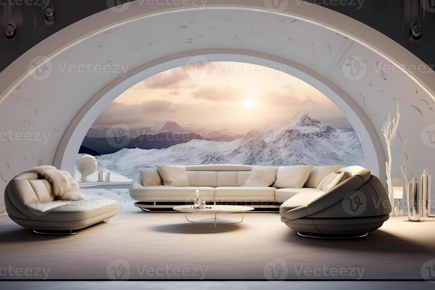 AI generated futuristic white moon base living room interior, neural network generated image photo