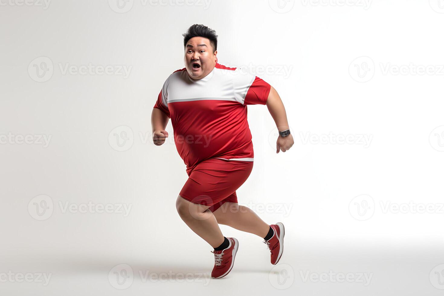 ai generado exceso de peso asiático hombre corriendo en blanco fondo, concepto de exceso de peso y peso pérdida. neural red generado fotorrealista imagen foto