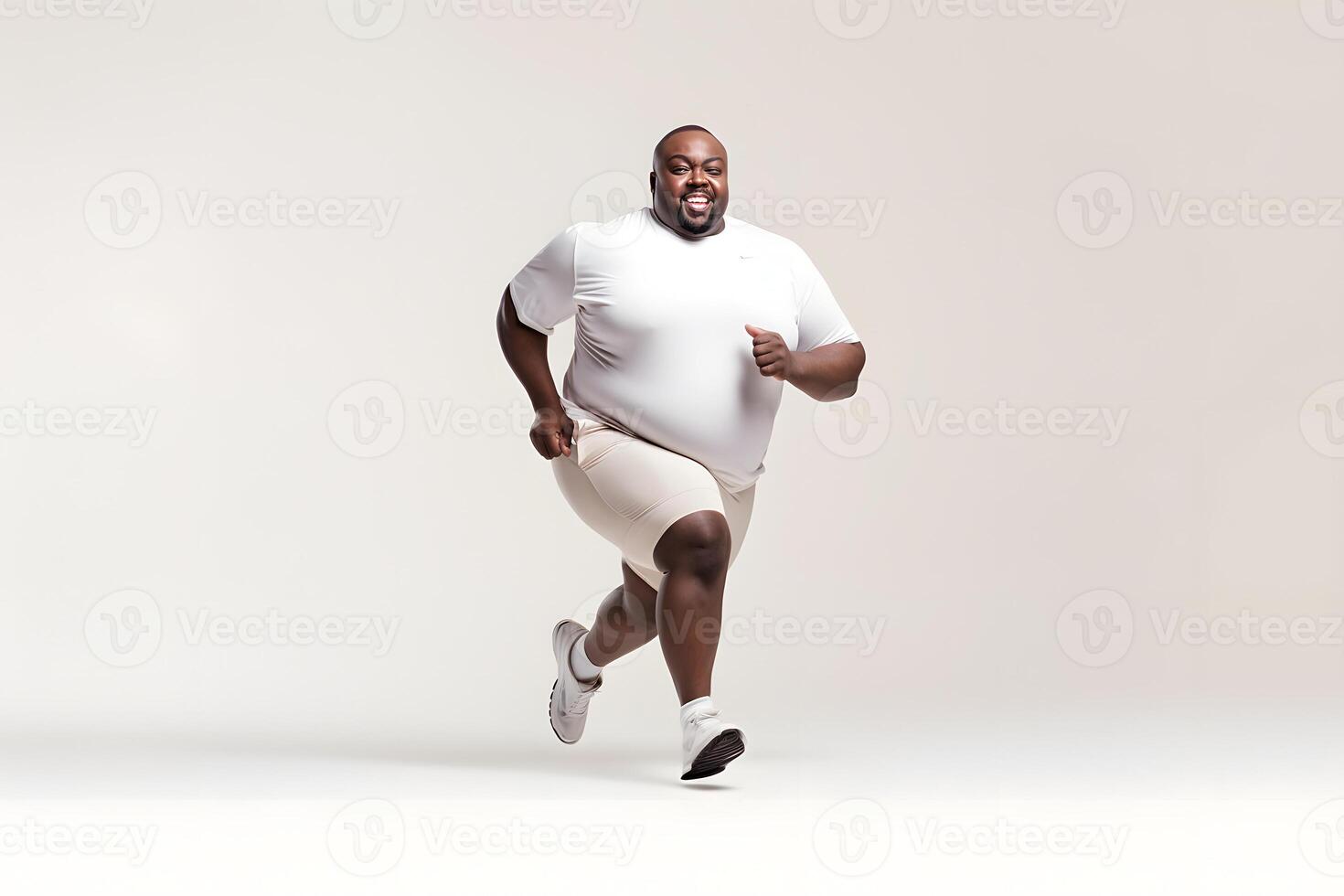 AI generated Overweight African American man running on white background, concept of overweight and weight loss. Neural network generated photorealistic image photo