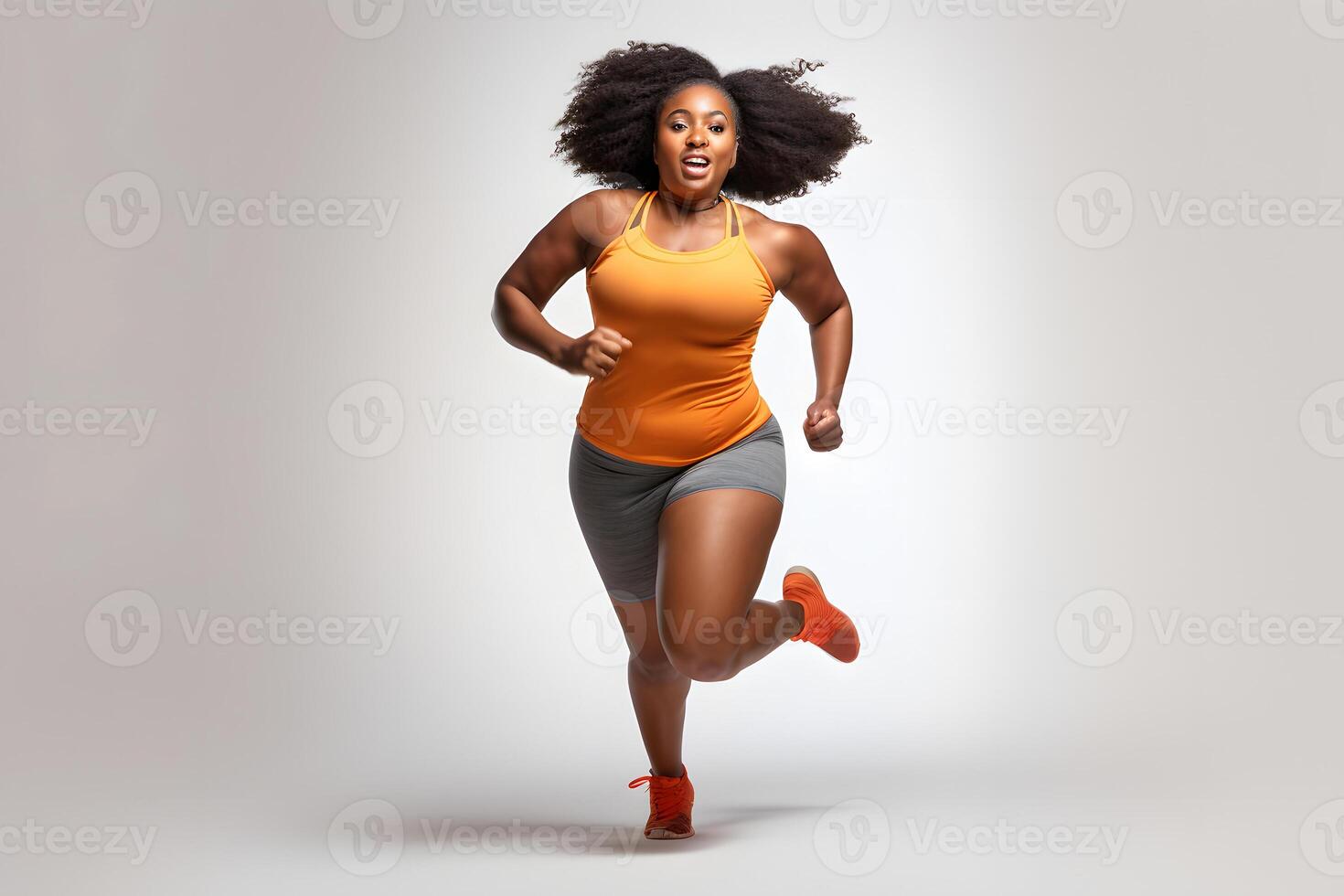 AI generated Overweight African American woman running on white background, concept of overweight and weight loss. Neural network generated photorealistic image photo