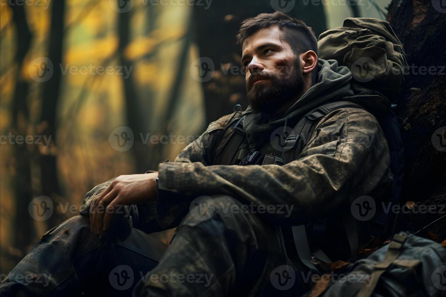 AI generated dirty tired soldier sitting in deep forest at autumn evening, neural network generated image photo