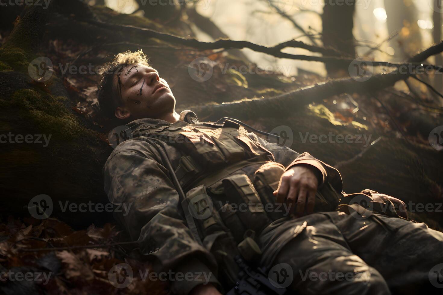 AI generated dirty tired soldier sleeps on tree roots in deep forest at autumn evening, neural network generated image photo