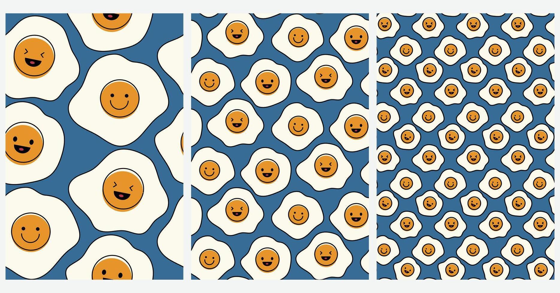 Fried Eggs with emoticon seamless pattern vector set. Funny vector on blue background. Texture printable for kid cloth, table cloth, wrapping paper, wallpaper, fabric and textile, wrapping.