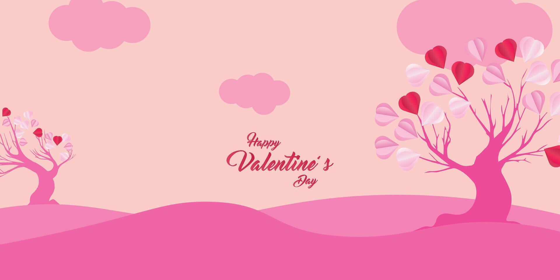 Valentine's day concept love illustration of tree with heart shaped leaves growing in paper cut style vector