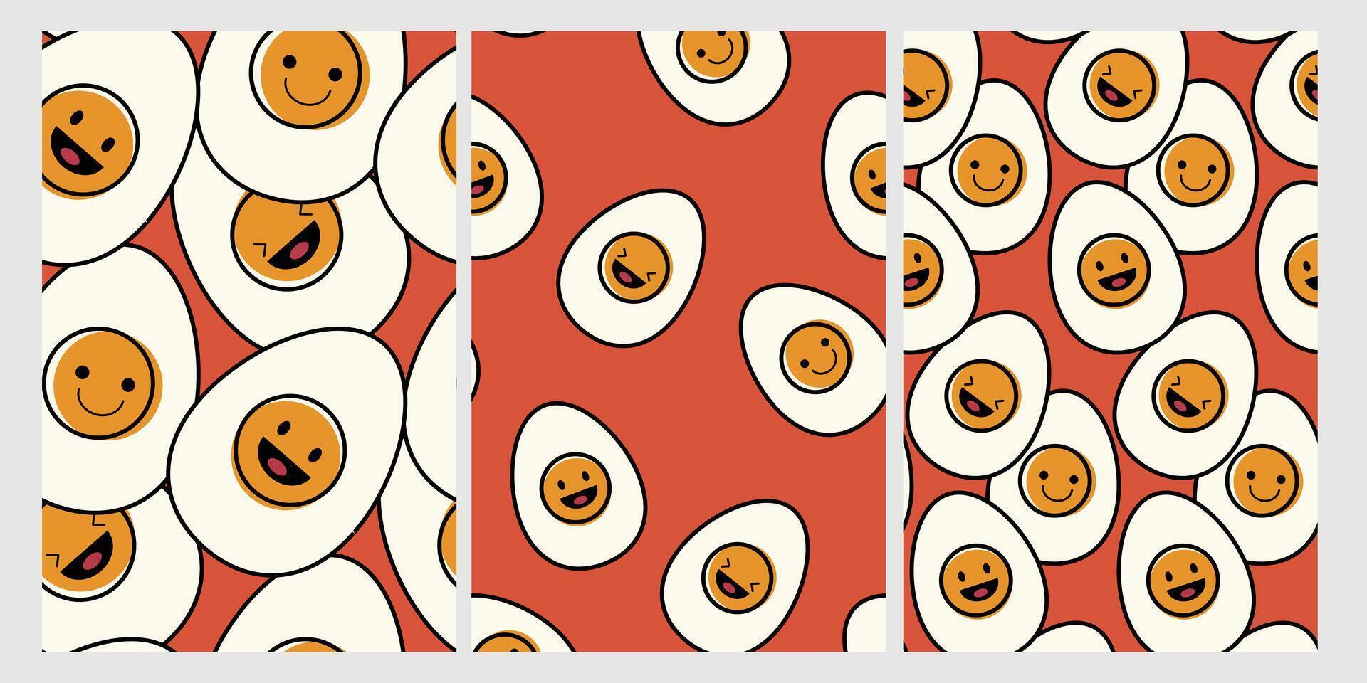 Smiling eggs seamless pattern. Funny vector shapes on orange background. Backdrop with cartoon color printable for texture kid cloth, table cloth, wrapping paper, wallpaper, fabric and textile.