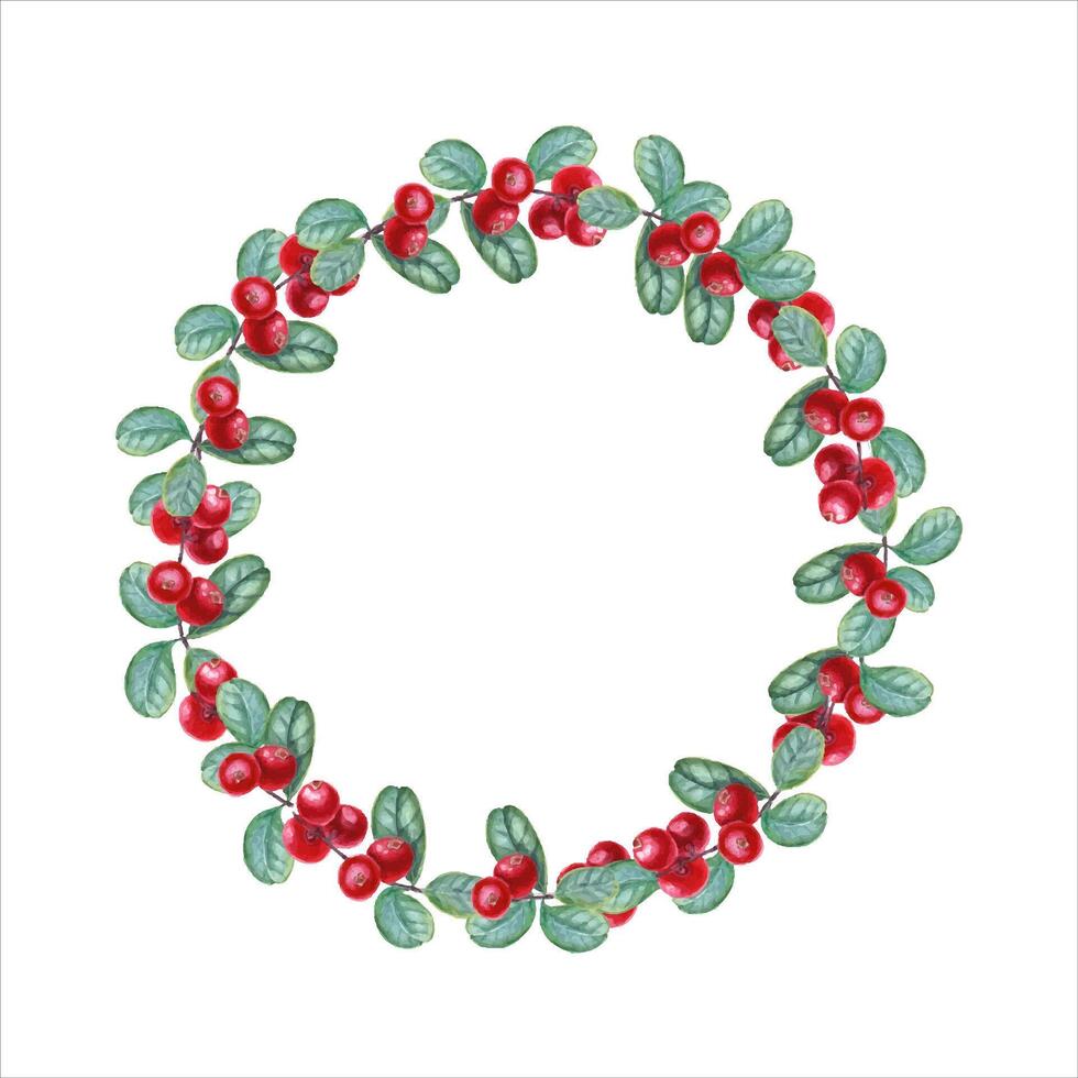 Wreath of ripe, juicy cowberries. Forest red berries with green leaves. Copy space for text vector