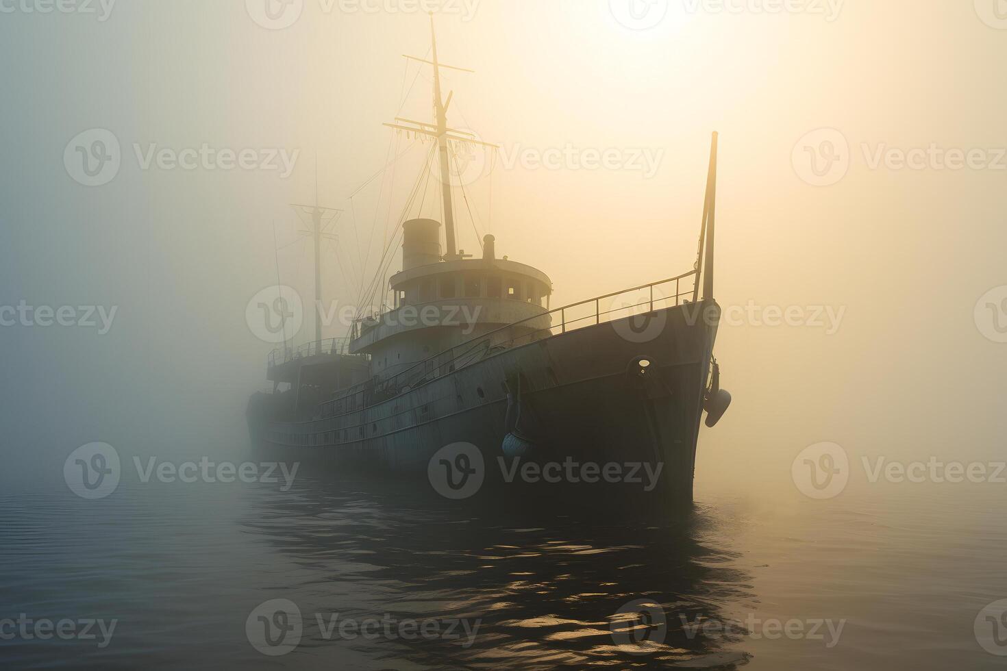 AI generated spectral ghost ship at foggy morning or evening. Neural network generated image photo