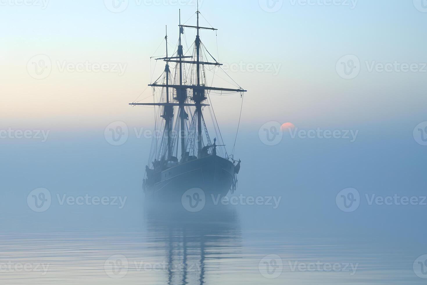 AI generated spectral ghost ship at foggy morning or evening. Neural network generated image photo