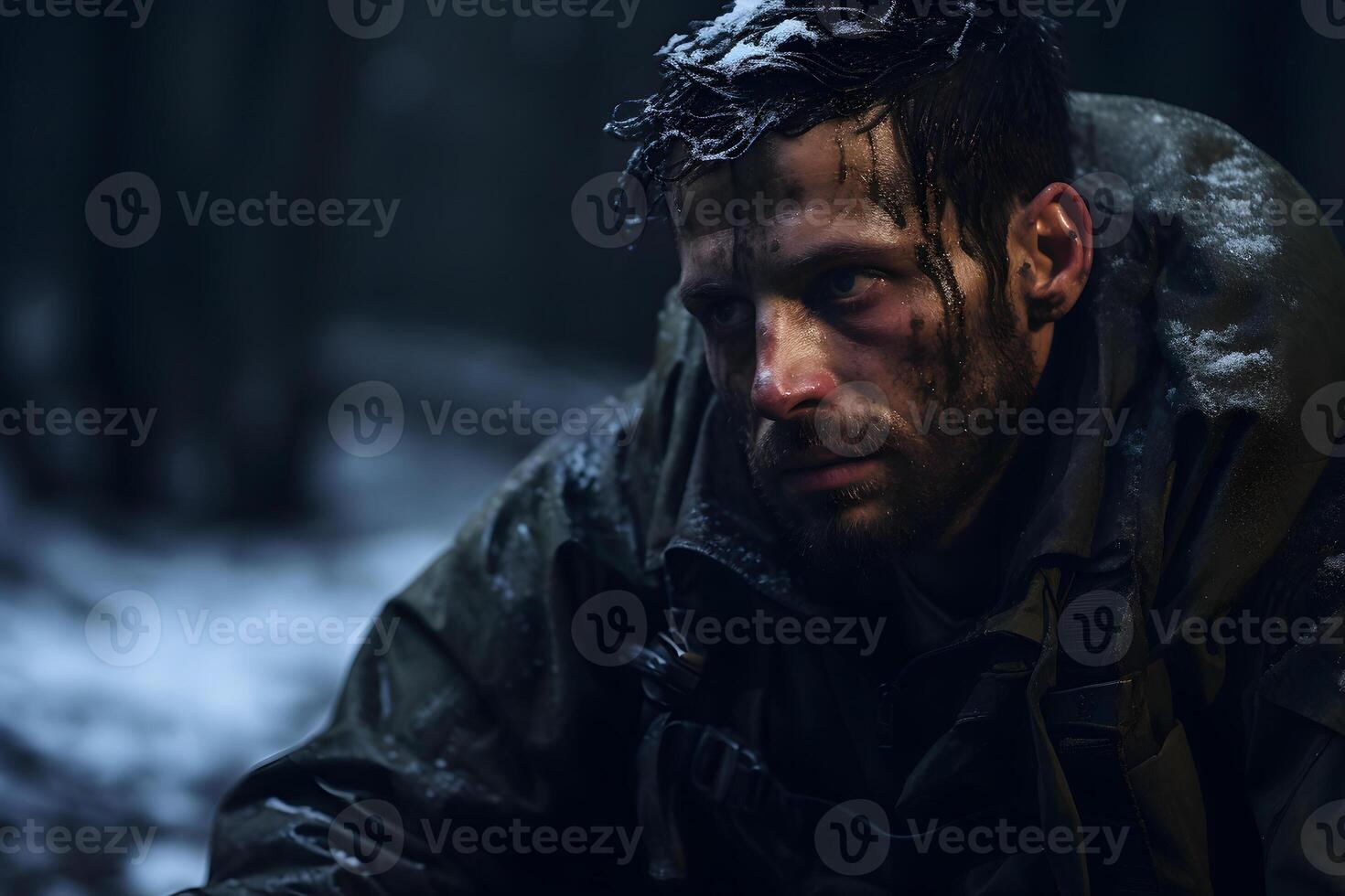 AI generated dirty tired soldier sitting in deep forest at winter night, neural network generated image photo