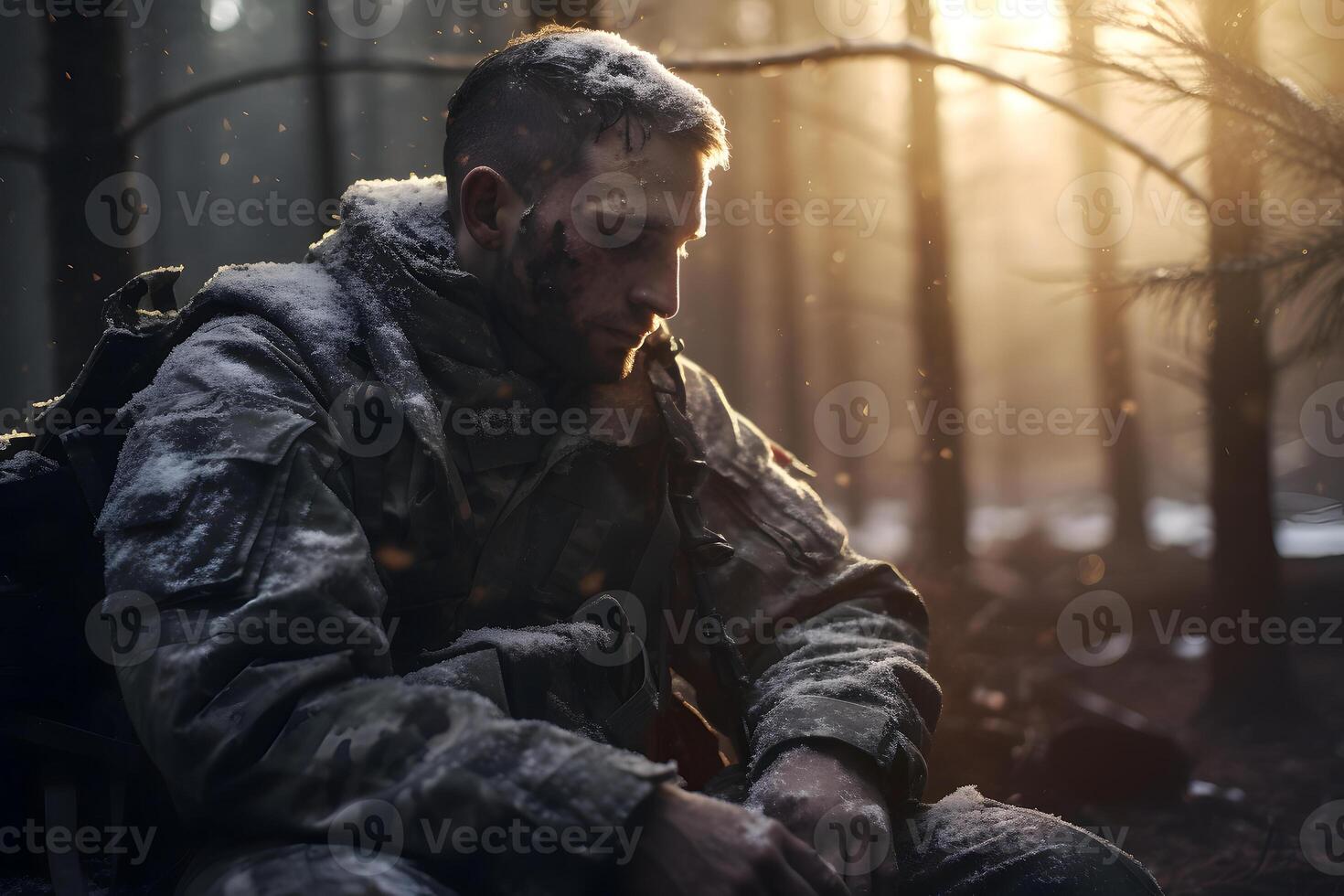 AI generated dirty tired soldier sitting in deep forest at winter day, neural network generated image photo