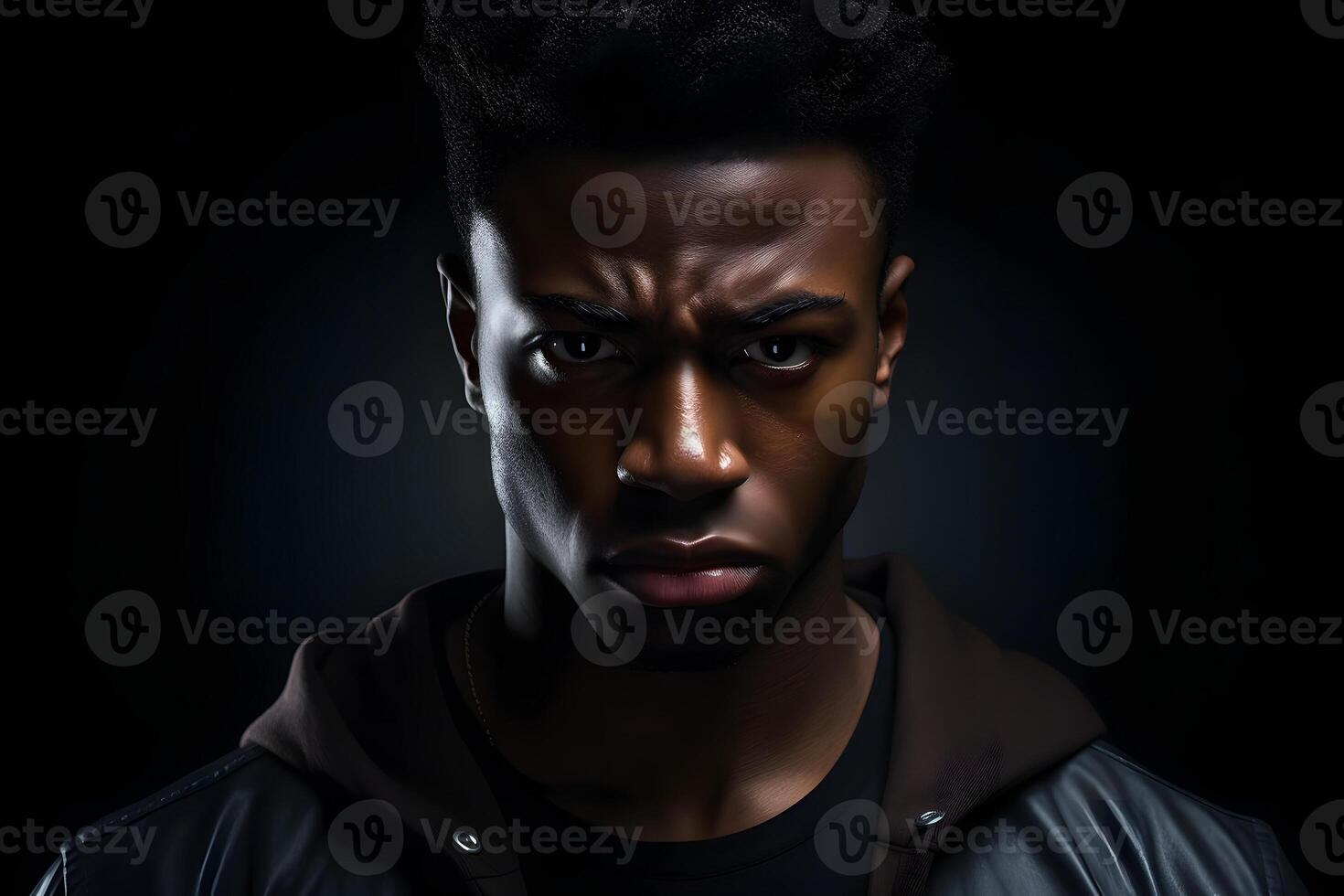 AI generated serious young adult African American man, head and shoulders portrait on black background. Neural network generated photorealistic image photo