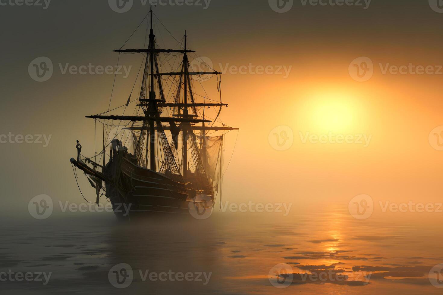 AI generated spectral ghost ship at foggy morning or evening. Neural network generated image photo
