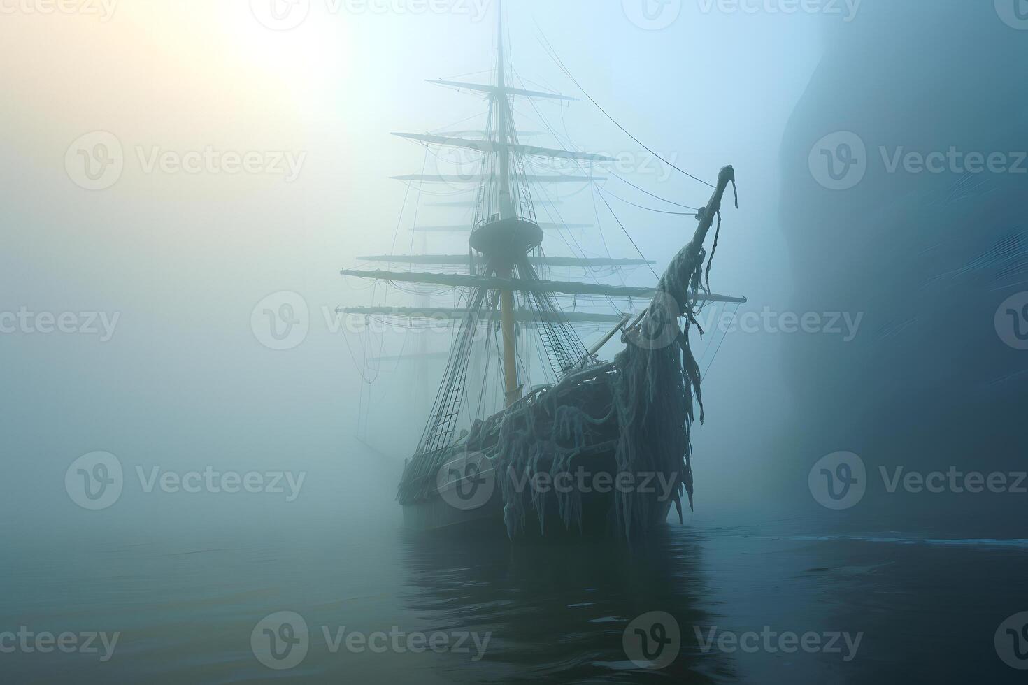 AI generated spectral ghost ship at foggy morning or evening. Neural network generated image photo