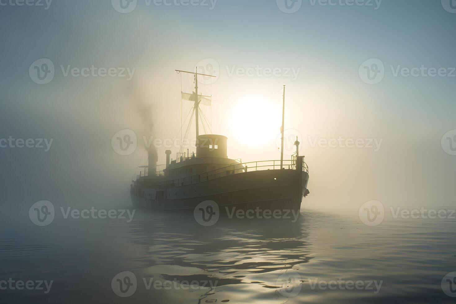 AI generated spectral ghost ship at foggy morning or evening. Neural network generated image photo