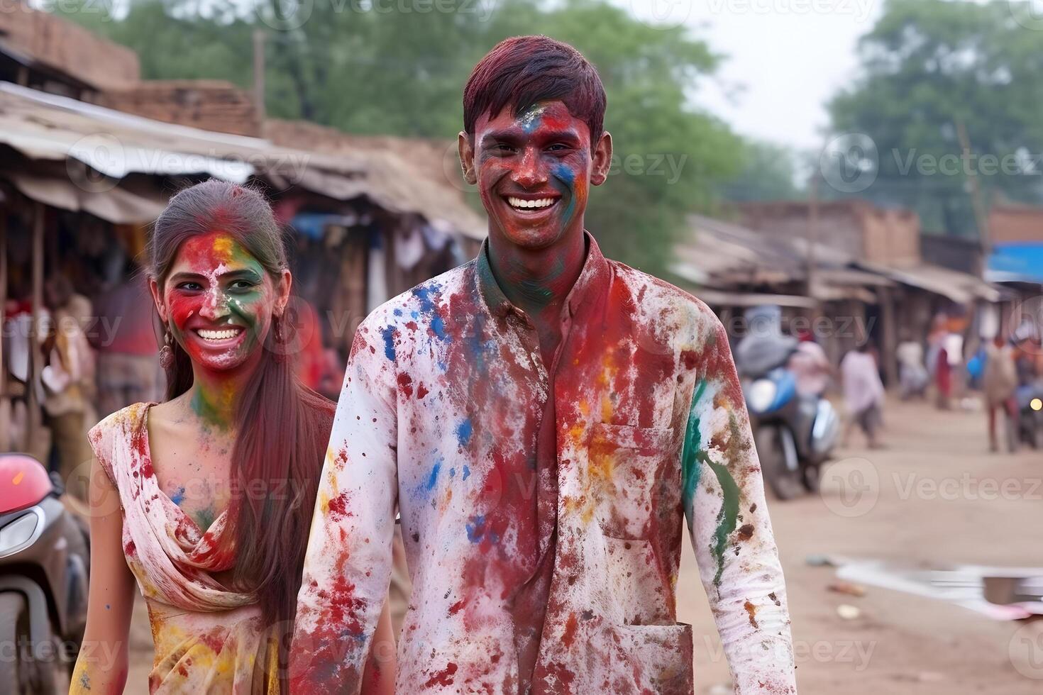 ai generado sonriente pareja, de colores contento caras con vibrante colores durante el celebracion de el holi festival en India. neural red generado imagen foto