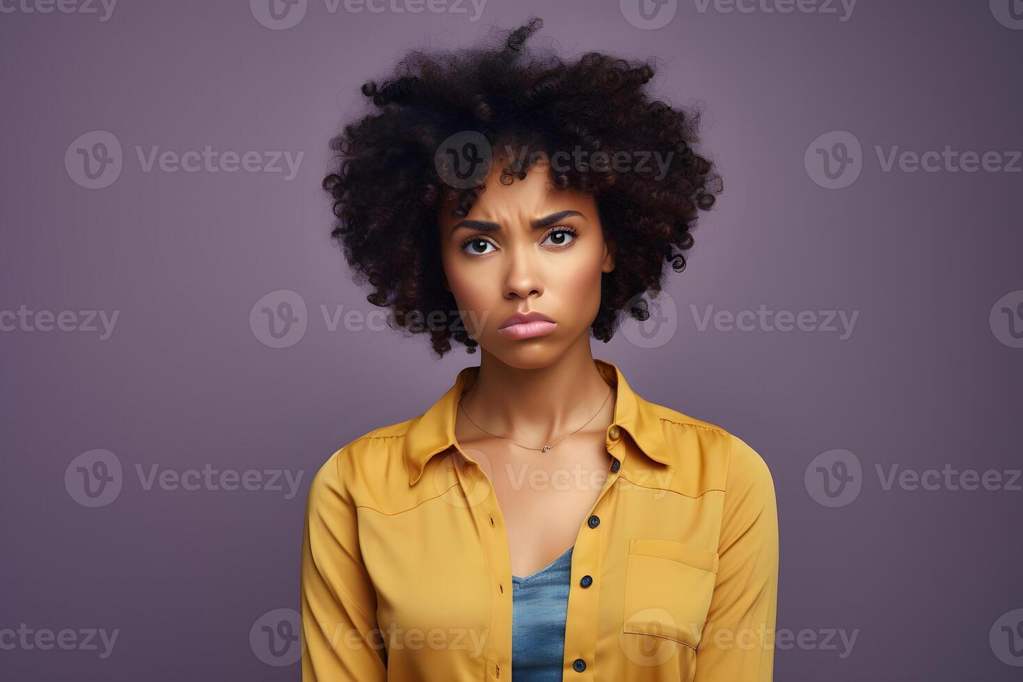 AI generated Young adult African American woman, head and shoulders portrait on magenta background. Neural network generated photorealistic image photo