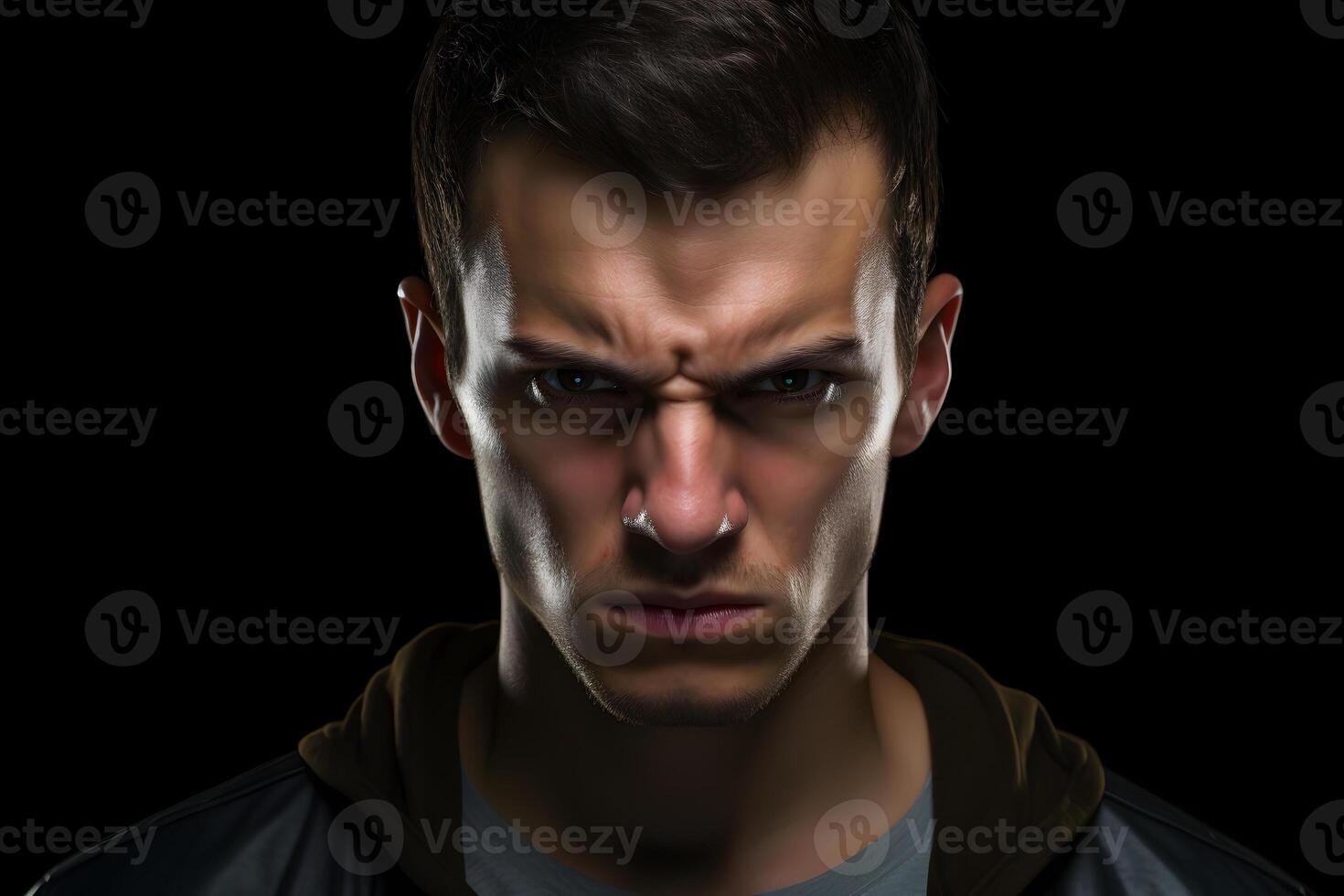 AI generated Sulking young adult Caucasian man, head and shoulders portrait on black background. Neural network generated photorealistic image. photo